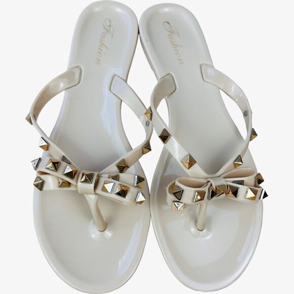 🔥 Beige Nude Gold Studded Bow Jelly Slip On Flip Flop Sandals - Picture 6 of 9